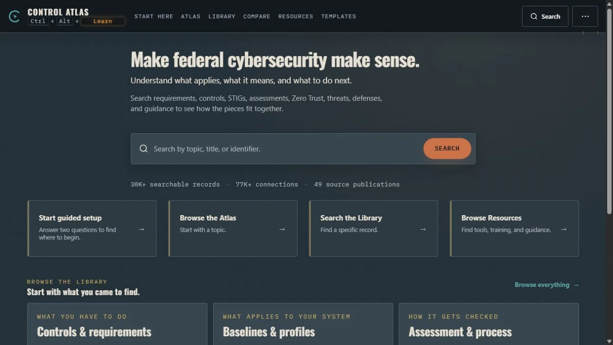 Control Atlas homepage with cybersecurity search and entry points for guided setup, the Atlas, and the source library.