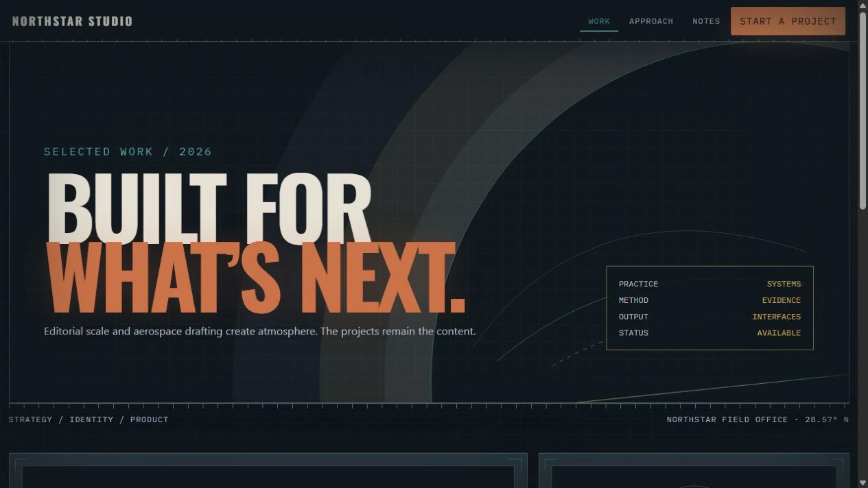 Orbital Archive’s sample editorial portfolio, with oversized typography, a dark palette, and aerospace drafting details.
